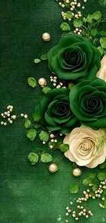 Elegant green floral wallpaper with roses.