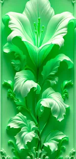Intricate green floral wallpaper design with leaves and flowers for mobile screens.