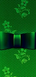 Elegant green floral wallpaper with a decorative bow.