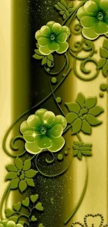 Elegant wallpaper with green floral design on a textured background.