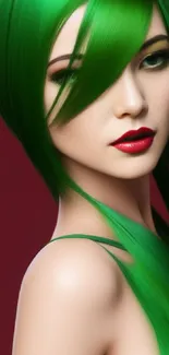 Elegant woman with green hair on vibrant mobile wallpaper.