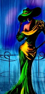 Stylish lady in green dress with vibrant colors on mobile wallpaper.