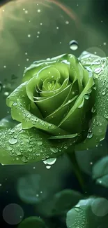 Close-up of elegant green rose with dew drops in ambient light.