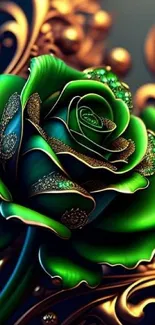 Green rose with gold details on decorative background.