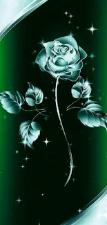 Elegant green rose wallpaper with silver leaves on a dark background.