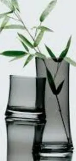 Grey vases with bamboo leaves on stylish wallpaper.