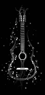 An elegant white guitar on a black background with musical notes.