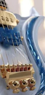 Close-up of a gold-accented electric guitar.