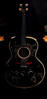 Elegant guitar with floral accents on a dark background.
