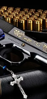 Elegant gun with gold bullets and cross on a Bible.