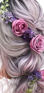 Hairstyle with pink roses and purple flowers.