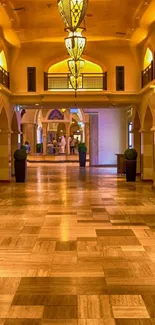 Elegant hallway with warm lighting and lanterns.