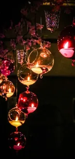 Elegant hanging glass lanterns with warm glow on a dark background.