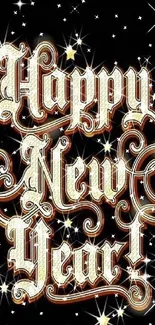 Elegant Happy New Year text on starry black background.