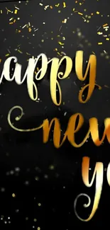 Black and gold Happy New Year wallpaper with confetti and calligraphy.