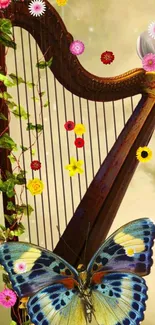 Harp with flowers, dove, and butterfly in nature-themed wallpaper.