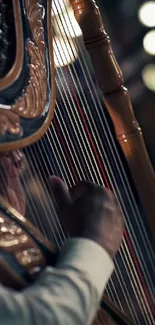 Closeup of a harp being played in an elegant setting.