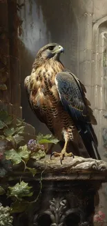 A majestic hawk perched on a stone ledge surrounded by natural elements.