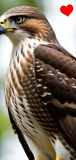 Majestic hawk with a red heart icon on mobile wallpaper.