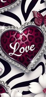 Elegant wallpaper with heart, butterflies, and jewels.