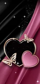 Elegant black and pink heart with butterfly design wallpaper.