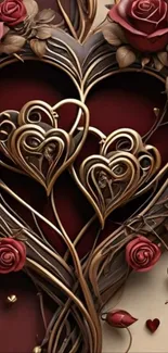 Elegant golden hearts and roses wallpaper with a romantic theme.