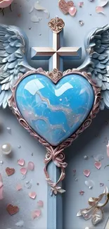 Blue heart with wings and cross wallpaper, decorated with roses and pearls.