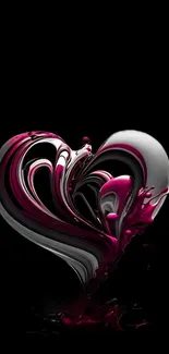 Heart-shaped abstract design with elegant pink and black swirls on a dark background.