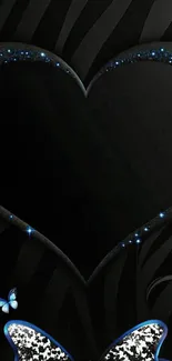 Black wallpaper with heart and butterflies decorated with blue glitter.