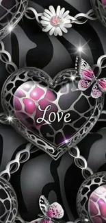 Heart and butterfly design with pink and gray tones.