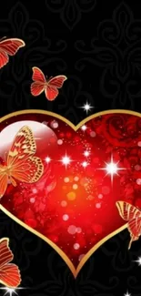 Elegant mobile wallpaper with red heart and butterflies on black background.