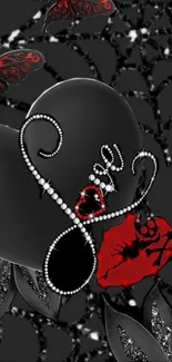 Black heart with red butterfly and flowers, elegant design