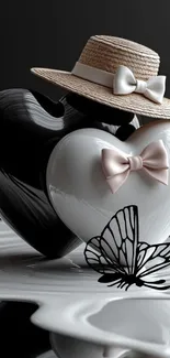 Black and white hearts with butterfly and hat art.