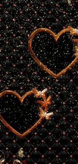 Elegant black wallpaper with hearts and butterflies.