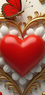3D red heart with butterfly and golden patterns.