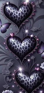 Leopard print hearts with butterflies and glitter accents.