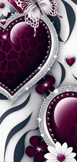 Dark purple hearts with butterflies and flowers.