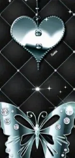 Black wallpaper with metallic heart and butterfly design.