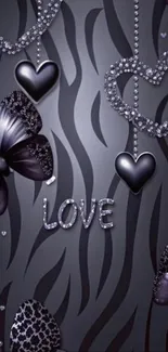 Elegant wallpaper with hearts and butterflies on dark background.