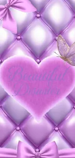 Purple heart with butterfly and ribbons wallpaper.