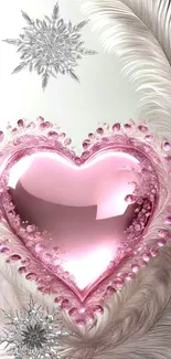 Mobile wallpaper with pink heart and feathers.