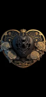 Elegant heart and floral design in black and gold hues on a mobile wallpaper.