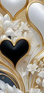 Artistic wallpaper with hearts, flowers, and gold accents.