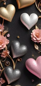 Elegant wallpaper with hearts and flowers in black background.