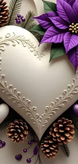 Elegant heart and purple floral wallpaper with pine cones.