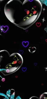 Glossy heart and floral design wallpaper with black background.