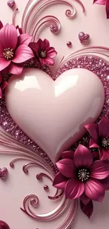 Elegant heart with pink flowers and intricate design.