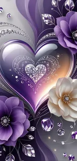 Heart with purple flowers and jewels design.