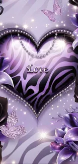 Romantic wallpaper with a heart and purple flowers.