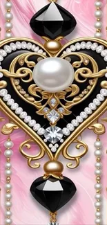 Luxurious heart-shaped design with pearls and gold details on a pink background.